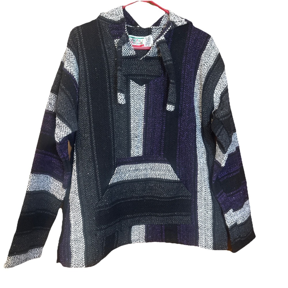 Vtg 90's Southern Exposure Baja Hoodie Med Black Purple Striped Mexican Drug Rug